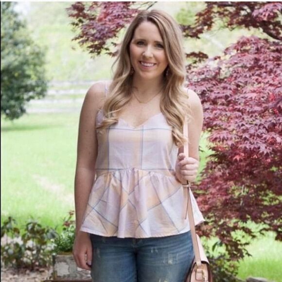 2/$30 Old Navy Pastel Pink Orange Plaid Peplum Top, M - Picture 2 of 7